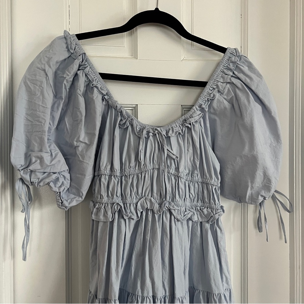 En Saison Light Blue Puff-Sleeve Tiered Dress - Picture 4 of 6